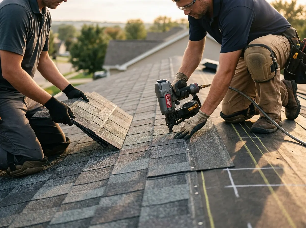 Professional roofer working on a residential roof in Totowa